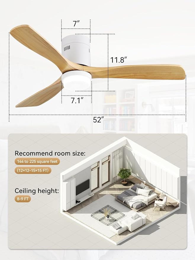 Sofucor Ceiling Fan with Lights, 52 Inch Low Profile Flush Mount Modern Wood Ceiling Fan with Remote for Indoor Farmhouse Bedroom Living Room Outdoor Patio Porch, Reversible DC Motor, Noiseless