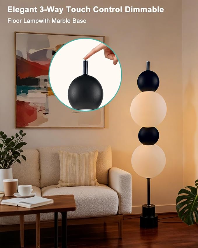 Globe Floor Lamp - Black Metal with White Globe Tower, 3000K Dimmable LED, Touch Switch, Modern Tall Standing Lamp for Bedroom, Living Room, Home Office