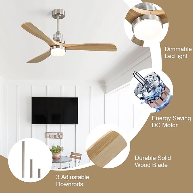 Sofucor 52 Inch Ceiling Fans With Lights, Solid Wood Indoor/Outdoor Ceiling Fan with Lights Remote Control, Reversible DC Motor, 3 Blade Modern Ceiling Fan Light for Bedroom Patio Farmhouse