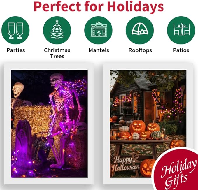 LAMPHOME 50 LED Outdoor Halloween Lights, 16 FT Mini String Light with 9 Modes & 6 Hour Timer, Waterproof Battery Operated for Indoor Outdoor Patio Garden Party Tree Decoration, Orange Purple