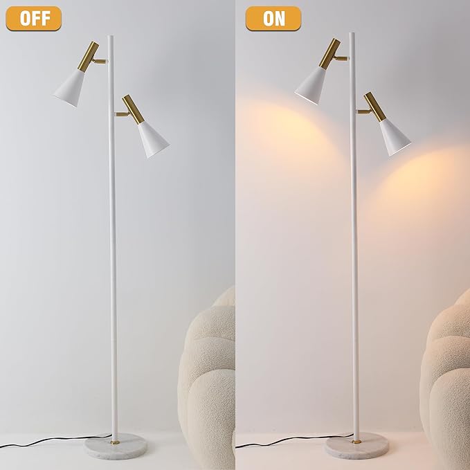 Elegant Modern Floor Lamp with 2 Adjustable Head,White and Gold Stand up Lamps with Marble Base,Tall Pole Uplight,Tree Floor Lamps for Living Room,Office