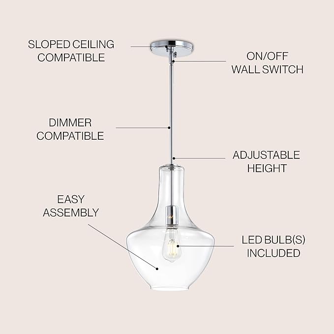 JONATHAN Y JYL6400A Watts 10.5" Glass/Metal LED Pendant Farmhouse Contemporary Dimmable Dining Room Living Room Kitchen Foyer Bedroom Hallway, Chrome/Clear