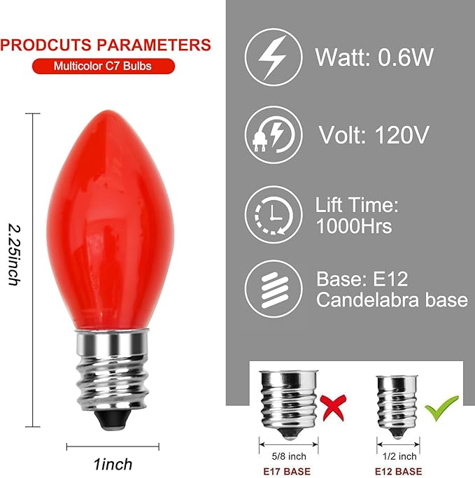 C7 Christmas Light Bulbs, 25 Pack C7 Red Replacement Bulbs 0.6W Night Light Bulbs Vintage LED Replacement Bulbs, C7/E12 Candelabra Base, 0.6 Watt