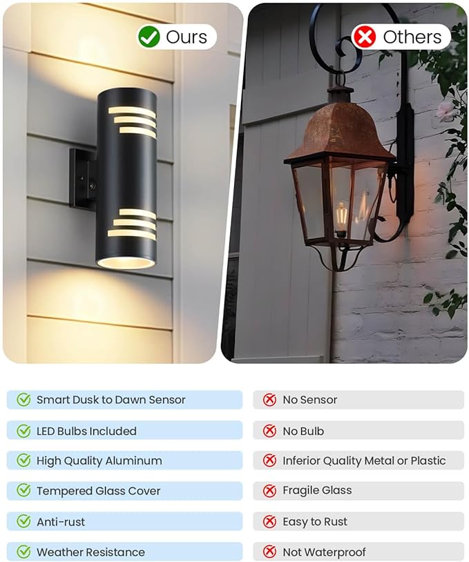 Dusk to Dawn Outdoor Lighting 2 Pack, Modern Outdoor Wall Lights Black Exterior Lighting Fixtures with E26 Base, Cylinder Sconce Waterproof Outdside Lights for House Porch, Bulbs Include