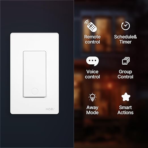 MOES Smart Single Pole Light Switch, 2.4GHz WiFi Smart Wall Switch, Needs Neutral Wire, Multi-Control, Smart Life/TUYA APP Control, Voice Control with Alexa/Google Home, White 1 Gang