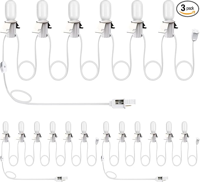Leelosp 3 Pack Accessory Cord with LED T20 Light Bulb, 13FT Light Cord Blow Mold White Bulb with On/Off Switch Female Plug Clip for Christmas Village Houses Trees Crafts Lamp Holiday