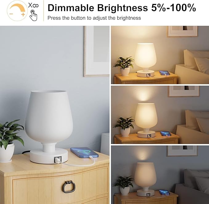 Touch Bedside Table Lamp with 2 USB Ports - 3 Way Dimmable Modern Small Lamps for Bedroom Living Room Nightstand, Desk Lamps with White Opal Glass Lamp Shade, Warm LED Bulb, Bulb Included