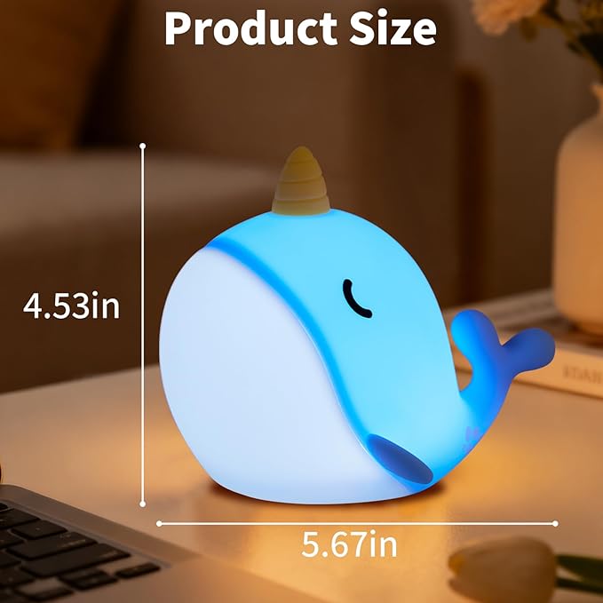 Narwhal Night Light, USB-C Rechargeable Tap Control Lamp with 3-Level Dimming & 30-Min Auto Timer, 7-Color Changing Squishy Silicone Nursery Light, Birthday Gift for Kids