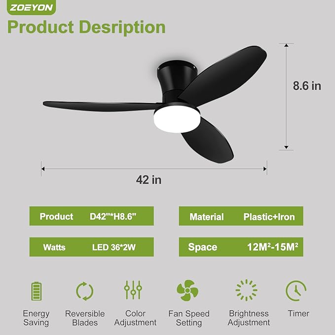 Small Ceiling Fan with Light - 42 Inch Flush Mount Ceiling Fan with Lights and Remote, Low Profile Ceiling Fans with 3 Reversible Blades, 6 Wind Speeds, Black Ceiling Fans for Bedroom