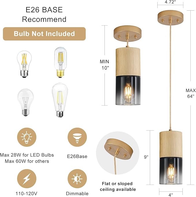 Gold Pendant Light Fixtures, Adjustable Modern Black Pendant Lights for Kitchen Island, Industrial Glass Pendant Lights for Dining Table Hallway Bedroom Living Room,1 Pack