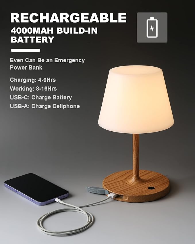 Outdoor Battery Operated Table Lamp Waterproof, 4000mAh Cordless Table Lamp Rechargeable, Touch Dimmable Desk Lamp, LED Night Light for Patio Camping Restaurant Home (Wood Grain, 9.6in)