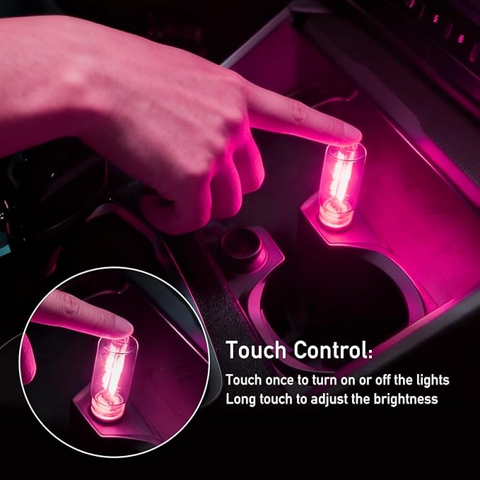 2 PCS USB Car Lights, Touch Dimmable Retro Mini Glass Bottle LED Ambient Night Light for Vehicle Interior, Bedroom, Hallway, Camping, Holiday and Party Decoration (Pink)