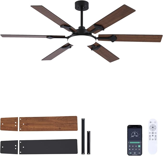 66 Inch Brown Ceiling Fan with Lights, Modern Large Ceiling Fan with Remote & APP Control, Reversible DC Motor, 6 Double-Sided Blades, 6 Speeds, Silent, Timer, for Living Room Indoor & Outdoor