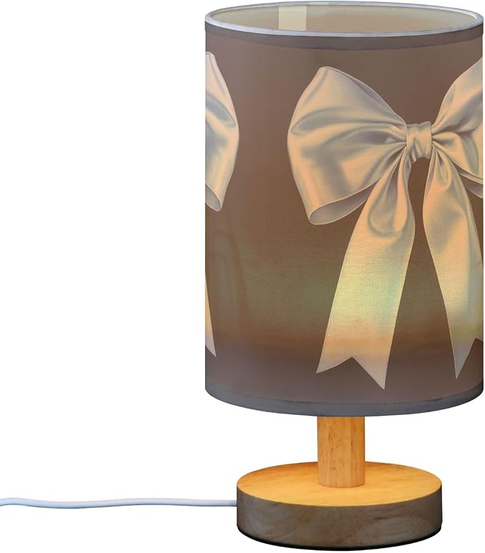 Light Blue Bow Ribbon Table Lamp with Wood Base Fabric Lamp Shade Bedside Nightstand Desk Lamp for Living Room Bedroom Kids Room Office