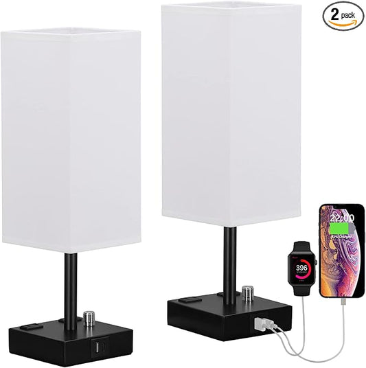 aooshine White Fully Dimmable Nightstand Lamps Set of 2 - Table Bedside Lamp with USB C+A Charging Ports & 2 AC Outlets, Square Lamp Sets Linen Fabric Shade for Bedroom Living Room(Bulb Included)