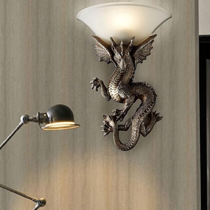 Wall Sconces Lighting Mystic Dragon Resin Wall Sconces Fixture Mystic Dragon Retro Sconce Lamp with Glass Shade for Hallway Stairs Bedside Bedroom