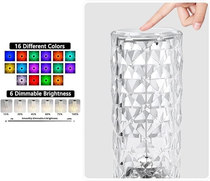 Rose Diamond Table Lamp RGB Color Changing Crystal Night Light, Touch Control Bedside Lamp with USB Rechargeable & Remote, Atmosphere Lamp for Mother's Day Valentines Wedding Decoration
