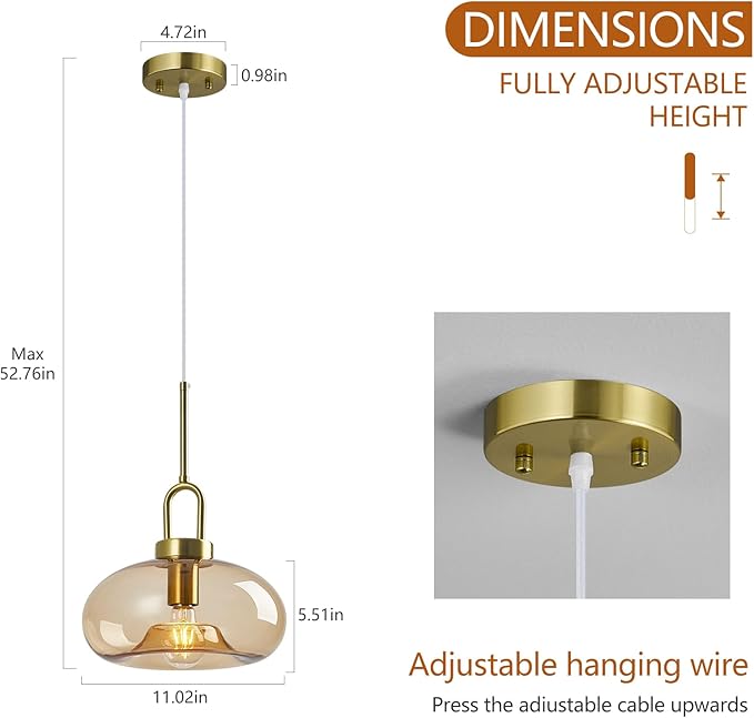 Light Brown Glass Pendant Lights Kitchen Island Gold Pendant Light Fixtures Adjustable Height Modern Pendant Lighting for Bedroom Dining Room (1-Pack)