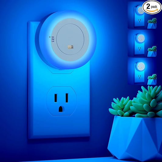 FOLKSMATE LED Night Light, Dimmable Plug-in Dusk to Dawn Sensor Hallway Lights, Smart Nightlight for Bathroom, Bedroom, Adults & Kids Room, Kitchen, Stairway, Blue, 2-Pack