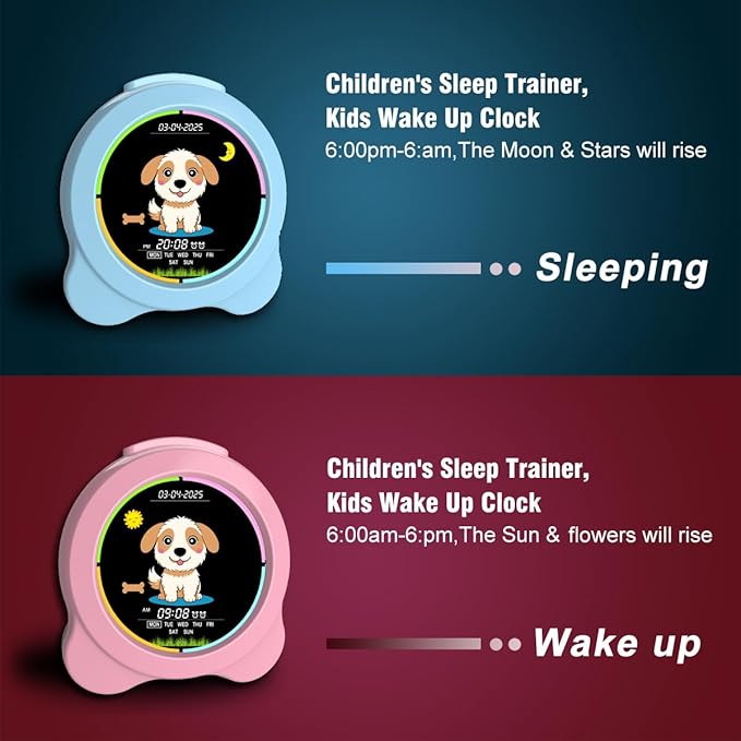Kids Alarm Clock Sun & Moon& Dog LED Display with Day & Date OK to Wake Clock with Night Light for Kids Children's Sleep Trainer Gift for Boy and Girls