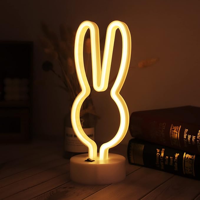 Easter Decorations Neon Signs, Bunny Neon Lights with Base - Battery/USB Operated Rabbit Stuff for Home, Nursery Room, Baby Teen Kids Girls Bedroom, Spring Decor (Warm White)