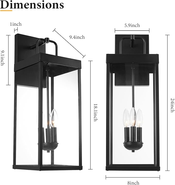 Outdoor Wall Sconce Light, 24 Inch Tall Transitional Exterior Wall Bracket Lighting with Clear Glass, Anti-Rust Powder Coat Black Modern Outside Carriage Lantern Lamp for Porch Garage Patio