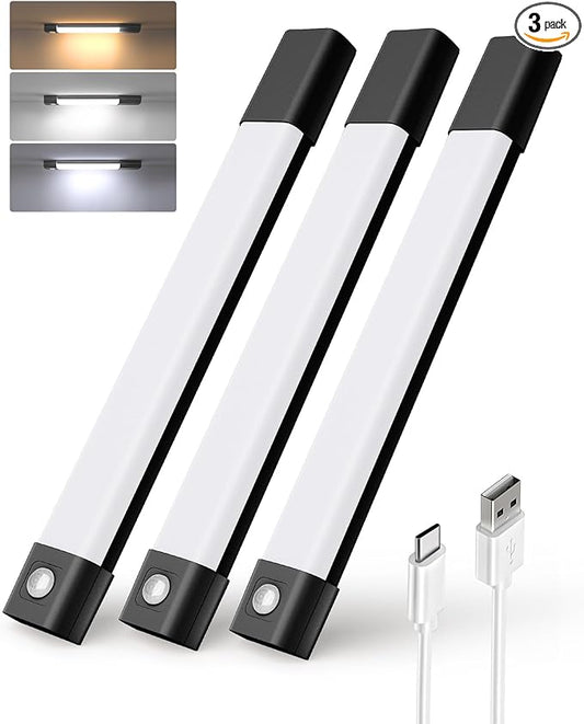 EZVALO Under Cabinet Lighting, Wireless Closet Lights, 50 LED Rechargeable Motion Sensor Light, Dimmable, 3 Color Temperatures, 11.8 in Counter Lights for Kitchen, Pantry, Wardrobe (3 Pcs, Black)