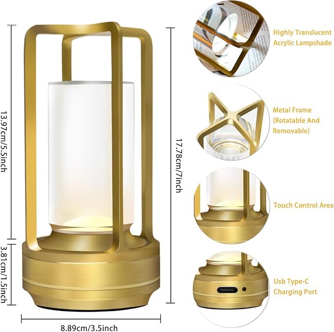 Cordless Rechargeable Table Lamps, Portable Lumisom Crystal Small Lantern Lamp with Touch Control & 3 Color Dimmable, 4000mAh Battery-Powered Klarako Crystal Desk Lanter for Outdoor Indoor (Gold)