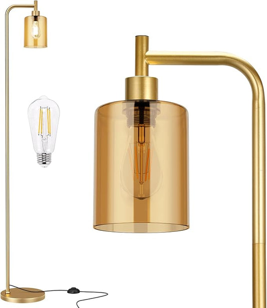 Floor Lamps for Living Room - Gold Standing Lamp with Amber Glass Shade, Modern Floor Lamp with LED Bulbs, Bright Industrial Floor Lamp for Bedroom, Farmhouse Tall Lamp for Office