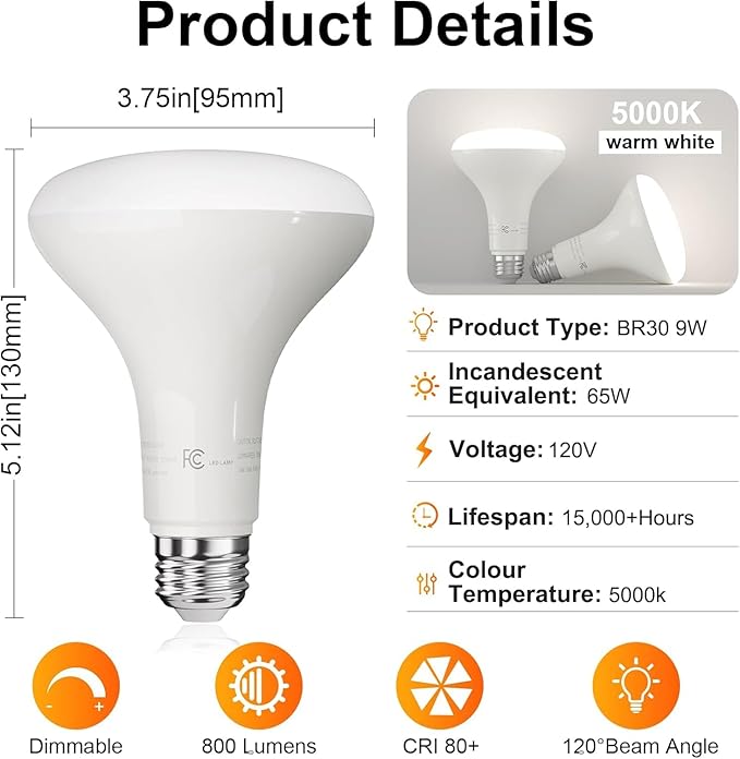 TJOY 6 Pack BR30 Led Bulb 65W Equivalent, Dimmable LED Flood Light Indoor, E26 Base, 5000K Daylight, 9W, 800 LM, Recessed Lighting Bulbs for Ceiling, Recessed Can, Living Room and Kitchen