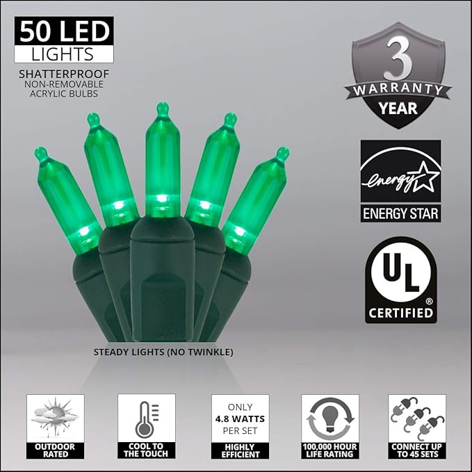50 T5 LED Green Christmas Lights, 25.5 ft Indoor/Outdoor Mini String on Green Wire, Commercial Grade Holiday Décor, St Patricks Day & Halloween