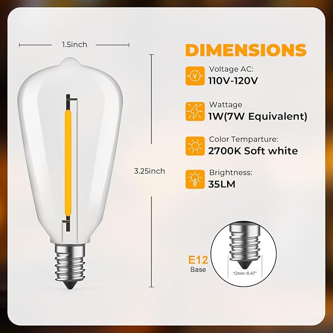 90 Pack ST38 LED Replacement String Light Bulbs, 1Watt Equvanlent to 7Watt Incandescant Bulb, Shatterproof E12 LED Bulb for Outdoor Patio Garden Vintage String Lights, Dimmable, 2700K