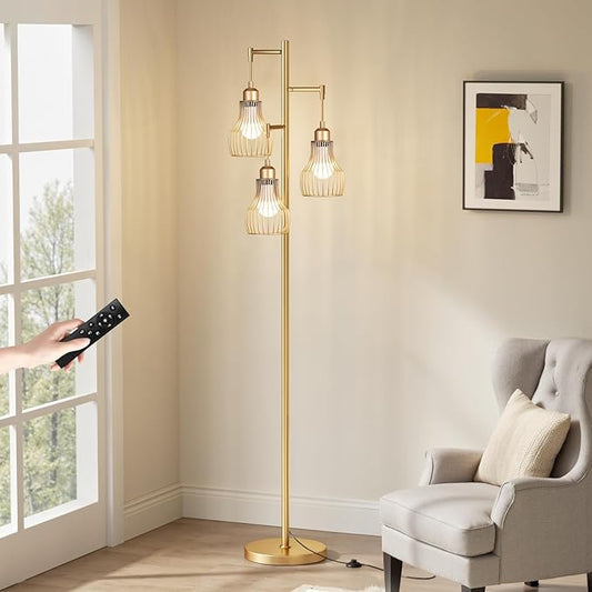 Dimmable Gold Floor Lamps for Living Room, Farmhouse Tree Standing Tall Lamp with Remote Control 3 Elegant Cage Shade LED Bulbs for Bedroom Office - Gold