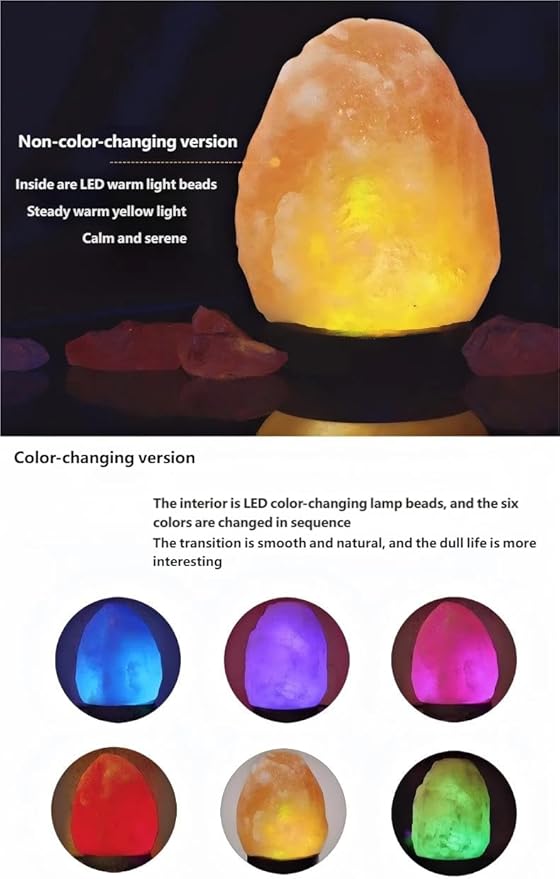 Himalayan Salt Lamp with USB Power, Natural Shape, Color-Changing LED and Warm White Light, Wooden Base Night Light (D, Monochrome)