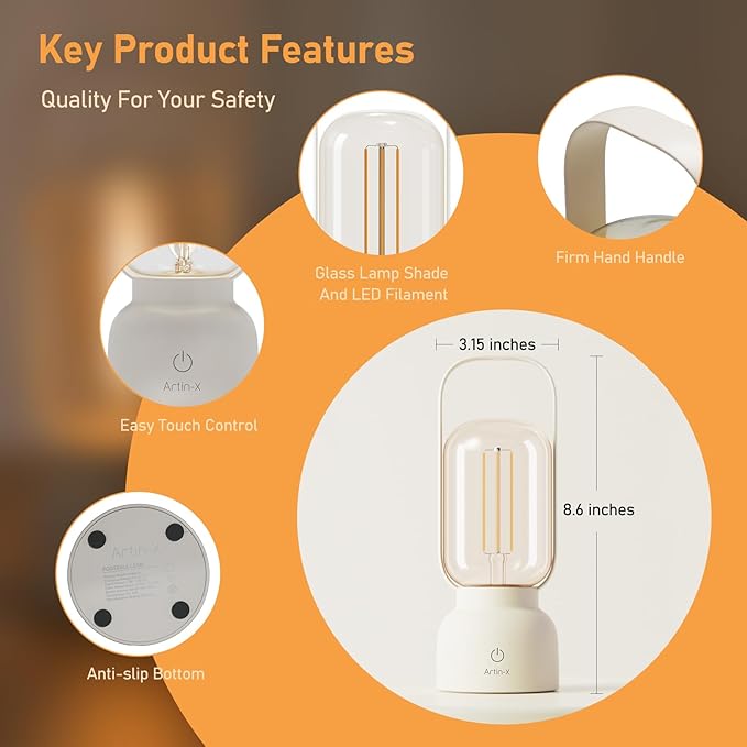 Retro Cordless Lantern Table Lamp, 40 Hours Long Lasting Dimming Night Light, Small Rechargeable Battery Operated Light for Nightstand, Decoration, Gift- White