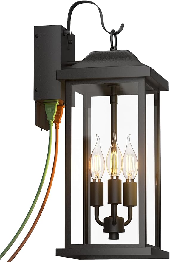 23 Inch GFCI Outlet Dusk to Dawn Outdoor Light for House, Photocell Exterior Lighting Fixture with Receptacles Extra Large Porch Light with Plug Matte Black Outdoor Wall Sconce Light Garage