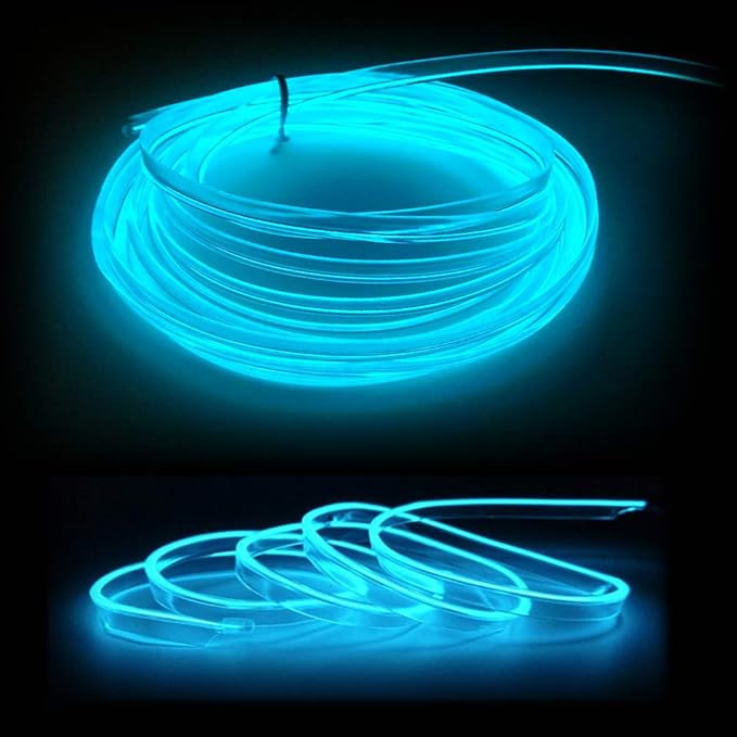 El Wire Ice Blue Interior Car LED Strip Lights, 3M Neon Wire USB 5V with Fuse Protection for Automotive Interior Decoration, with 6mm Sewing Edge