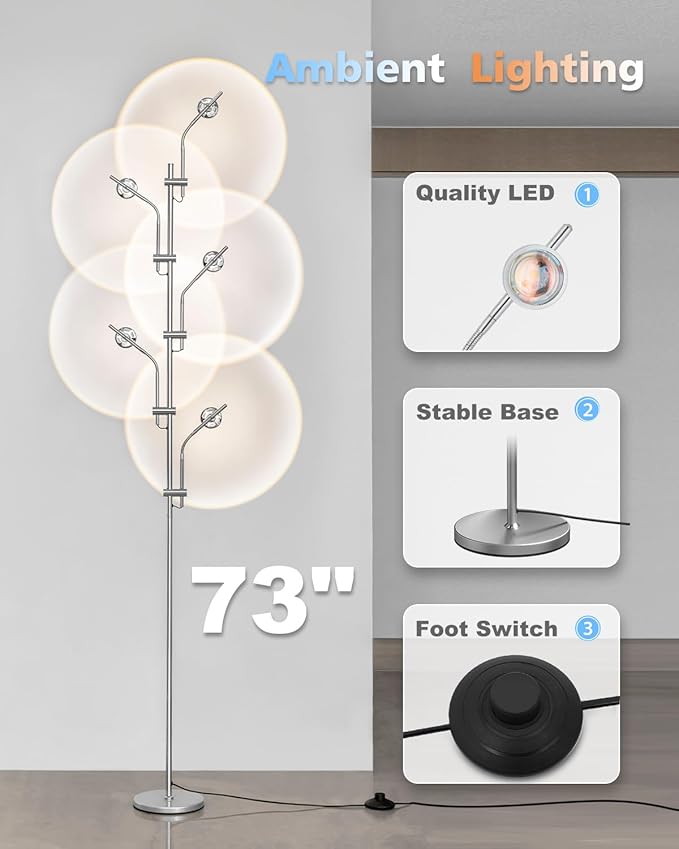 Halo Projector Floor Lamp - 4000K LED Multi Head Floor Lamp with RGB Filters - Sunset Projection Ambient Lighting - Mood Corner Lamp for Bedroom,Living Room - Chrome