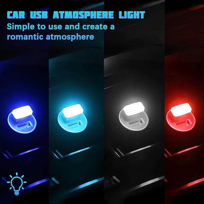4PCS/Set USB LED Car Interior Atmosphere Lamp, Portable Mini Vehicle LED Night Light, Plug-in USB Interface Automotive Interior Ambient Lighting Kit Accessories, Universal Fit (4Colors)
