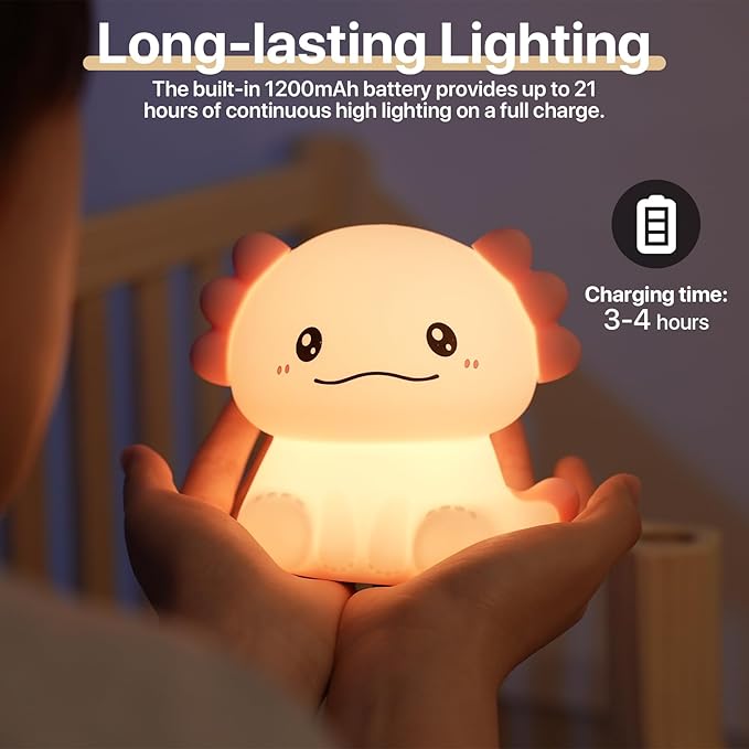 Cute Axolotl Night Light for Kids Rechargeable, Battery Operated Nightlight 3 Level Dimmable with RGB&Timer, Silicone Touch Nursery Lamp for Baby Girls Boys Bedroom Gifts