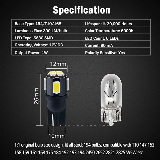 194 LED Bulbs 6000K Xenon White Extremely Bright 5630 Chipsets T10 168 2825 175 W5W LED Replacement Bulbs for Car Interior Dome Map Door Courtesy License Plate Lights (Pack of 10)