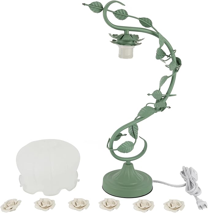 Flower Desk Lamp, E26 Glass Table Lamp Reading Light for Small Space Bedroom Home Office, Bedside Lamp with Soft Light, Applicable 3-5m² Area (Green, 5.5" W x 20.4" H)