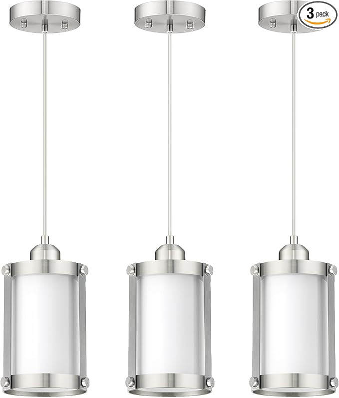 Brushed Nickel Pendant Lights Kitchen Island 3 Pack, Modern Kitchen Pendant Lighting Over Island with Milk Glass, Farmhouse Mini Hanging Light for Sink Dining Room, OS-3014-3PBN