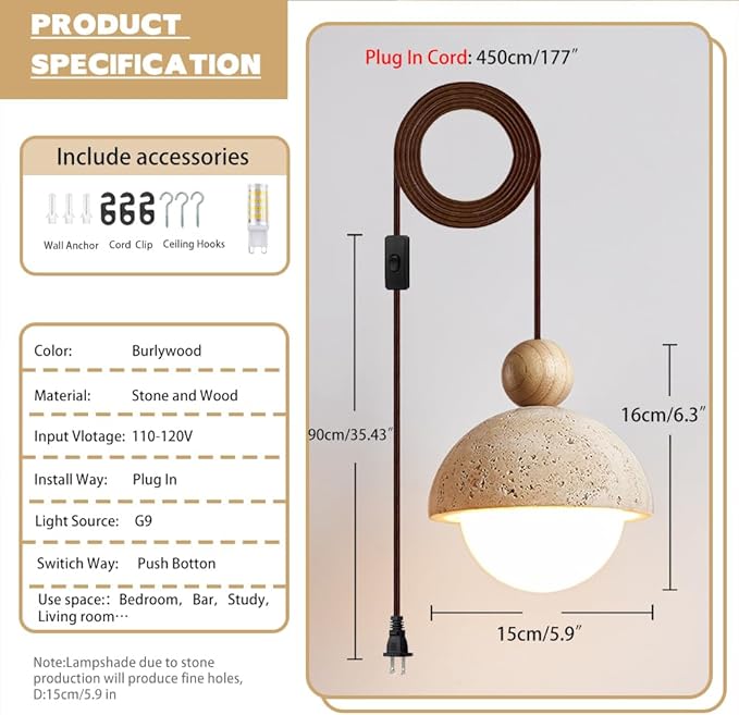 Plug In Wabi Sabi Pendant Light Japanese Retro Vintage Style Spherical Natural Stone Yellow Travertine Hanging Lamp Plug In For Girl's Room Kitchen Island Dining Room Bedroom G9 Light Mini Cement