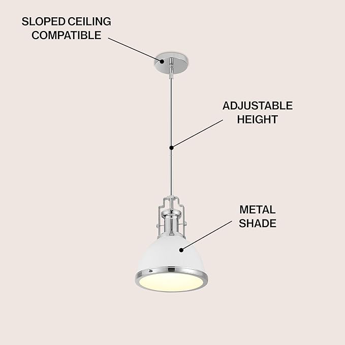JONATHAN Y 10" Chrome/White Modern Industrial Iron LED Dome Pendant Light, Adjustable Hanging Fixture for Kitchen Island or Entryway, Black Metal Shade, LED Bulb Included (JYL9535C)