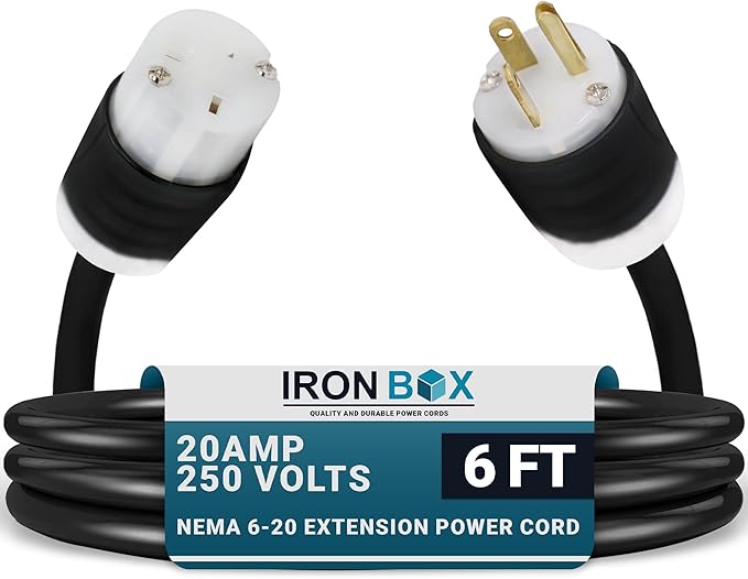 IronBox Electric - NEMA 6-20 Extension Cord - 12/3 SJT Jacket, 20A, 250V Extension Cable - Compatible w/Any Generator Equipped with a 6-20 Receptacle - Heavy Duty Cable (Custom Built,6 Foot)
