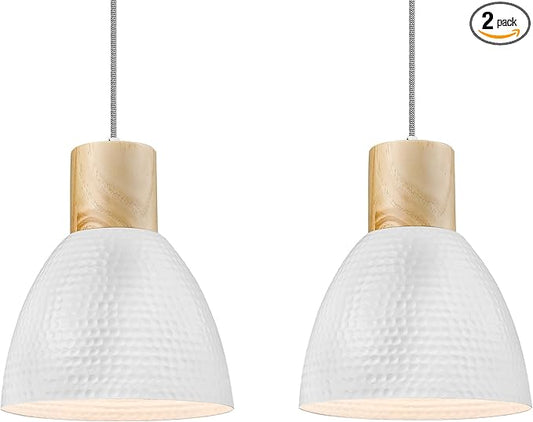 ELYONA 2 Pack Hammered Pendant Light Fixtures, 10.2” Metal & Rubber Wood Island Hanging Lamp, Adjustable Height, Modern Pendant Lighting for Kitchen,Farmhouse Bar,Dining Room,Bedroom, Nordic White
