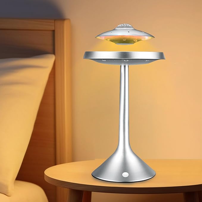 Magnetic Levitation Bluetooth UFO Speaker, Levitating UFO Speakers with Seven Color Night Lamp, Wireless Charging LED Lamp Bluetooth Speaker, 360°Rotating UFO Lamp (Silver)