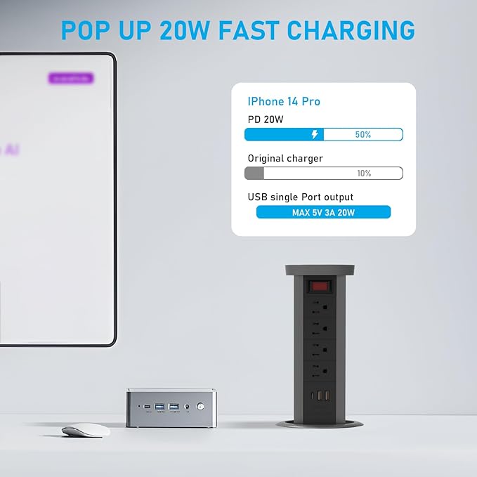 Pop up Outlet for countertop 4.72in Desk Grommet Power Station PD20W USB C 4 Outlets 3 USB Ports 1 Wireless charger 15A Outlets Fast charging Space Saver Outlet for Kitchen Office 6ft Cord