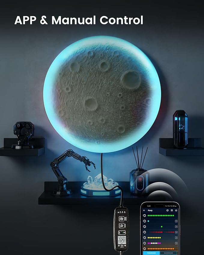 3D Moon Lamp – 3D Printed PLA Floating Moon, APP & Manual Control, RGB Music-Sync, Desktop & Wall-Mountable Night Light for Home, Kids, Party (Moon 11.6inches)